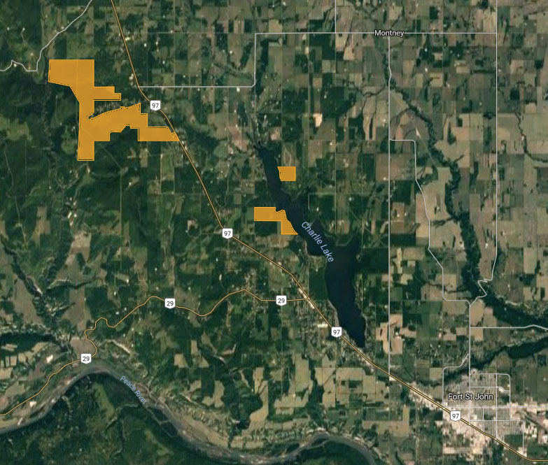 aerial view of first nations land reserves on Charlie Lake