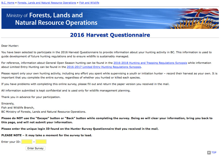 2016 Hunter Questionnaire Website Screenshot